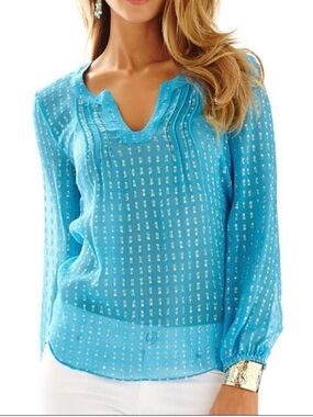 Lilly Pulitzer Aqua Blue Sheer Blouse with Metallic Dot Detail sz S